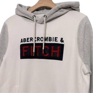 Abercrombie & Fitch Vintage Womens Size S White Gray Felt Logo Hoodie Sweatshirt